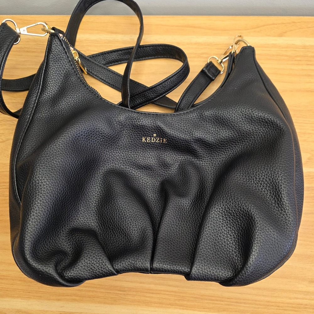 Kedzie Elle Black Pebbled Vegan Leather Ruched‎ Hobo Crossbody Bag Gold Hardware